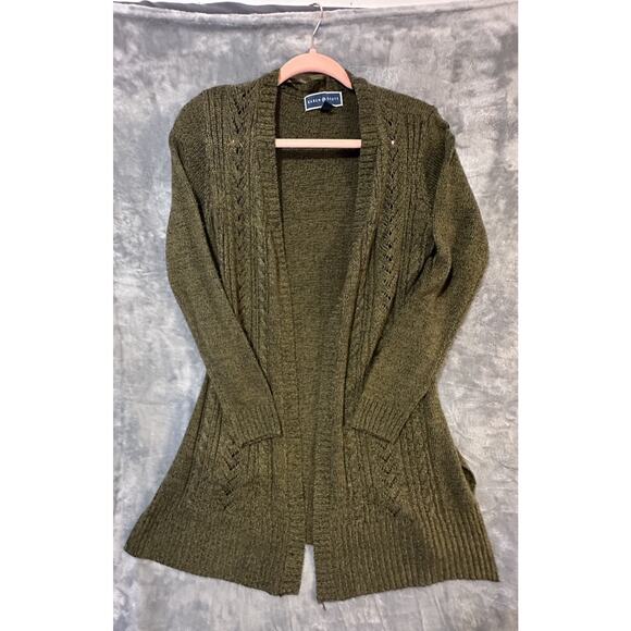 Karen Scott Open Front Cardigan Sweater Olive Green PM Petite Medium Knit Long - Picture 2 of 9